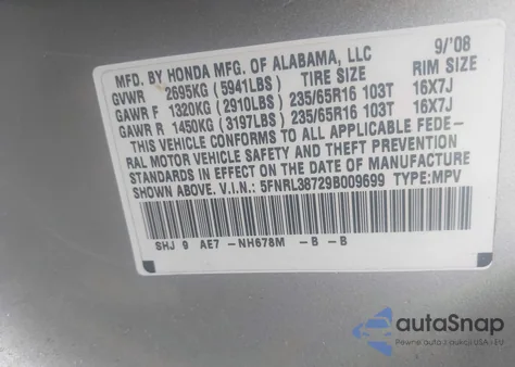 2009 Honda Odyssey Ex-L из США, поврежденный, VIN 5FNRL38729B009699